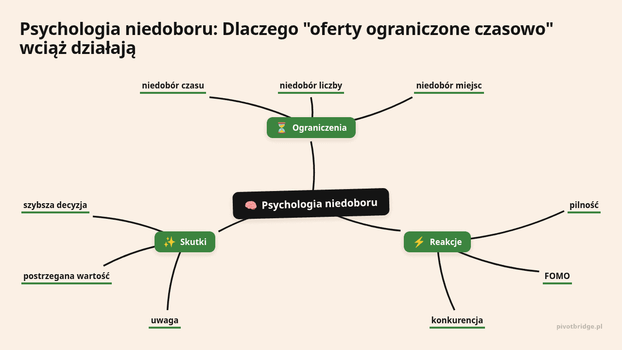 Mapa myśli: Psychologia niedoboru, gałęzie: Ograniczenia, Reakcje, Skutki
